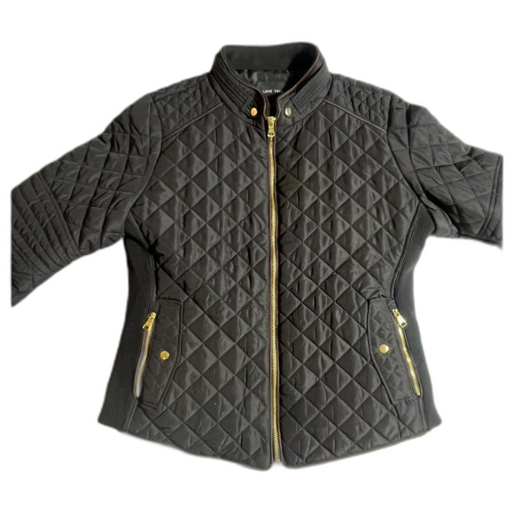 LOVE TREE Black Bomber Quilted Riding Jacket Gold Large EUC - Picture 2 of 9